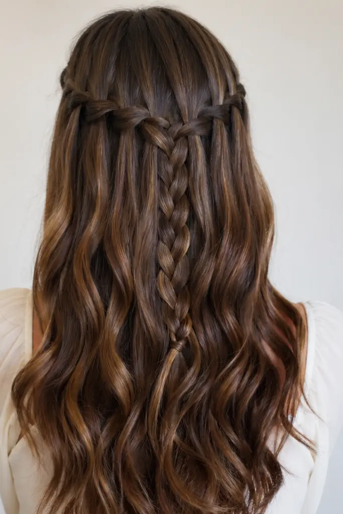 Back view of a young woman with long brown hair styled in a waterfall braid that flows into soft loose waves. The cascading braid detail is centered down the back of her head, blending into naturally textured hair.