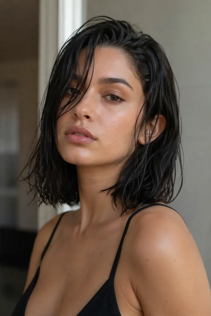 young woman with wet-look long bob hairstyle, damp textured hair, natural skin texture, soft indoor lighting,