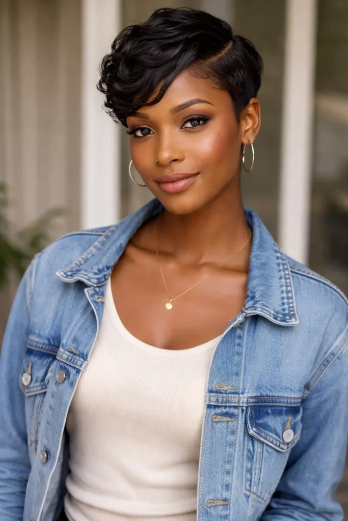 a woman with a short natural pixie cut featuring a defined side part and soft waves. She is wearing a casual outfit with a denim jacket over a light top, styled in natural lighting with a soft-focus background.