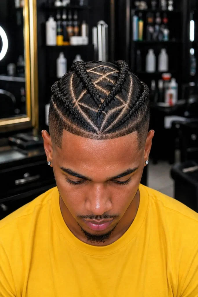 a man in a barbershop with precise X-pattern cornrows, featuring intersecting diagonal braids forming a clean, symmetrical geometric design across the scalp.
