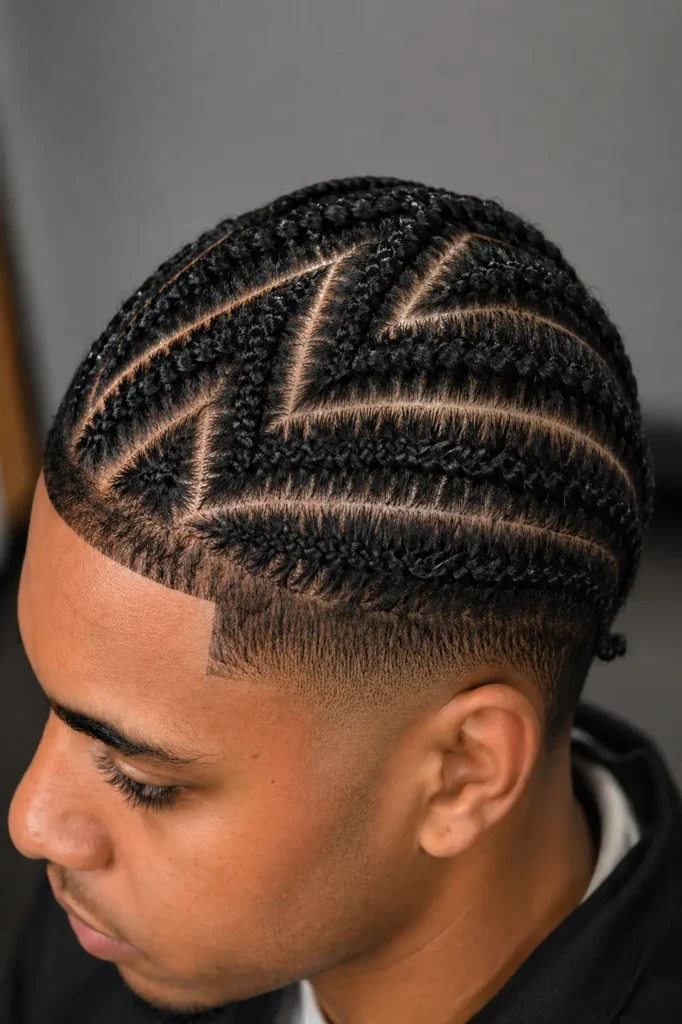 a man with neatly styled geometric cornrows and a clean skin fade haircut, looking downward against a soft neutral background