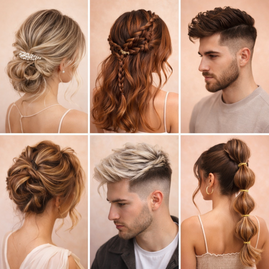 Stylish men and women hairstyles showcasing modern and trendy haircuts