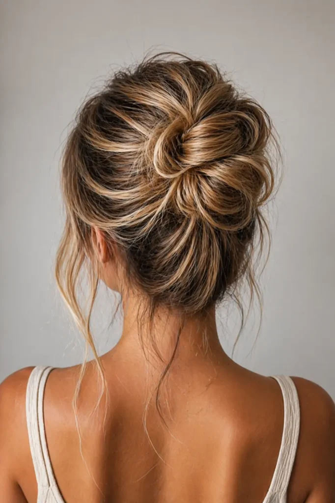 Back view of a woman with a soft, messy bun hairstyle, featuring loose face-framing strands and natural-looking blonde and brunette highlights,