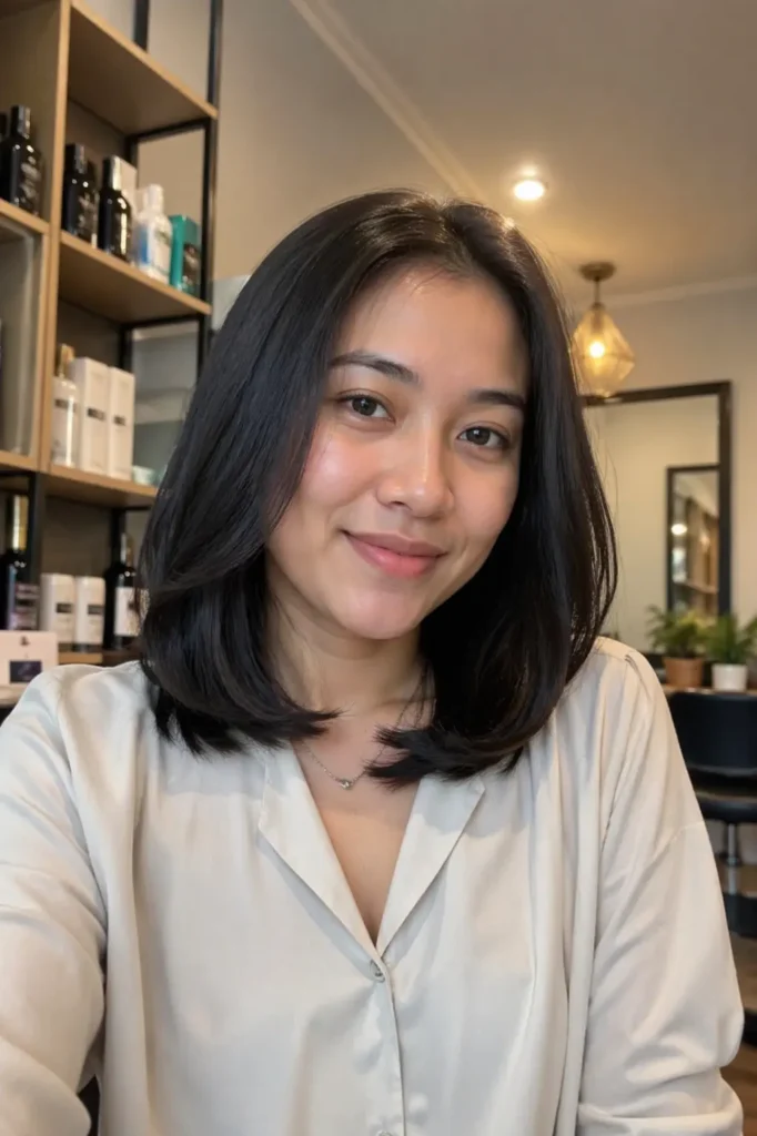 A casually dressed young woman with a long bob haircut styled with softly curled, inward-bending ends smiles gently at the camera.