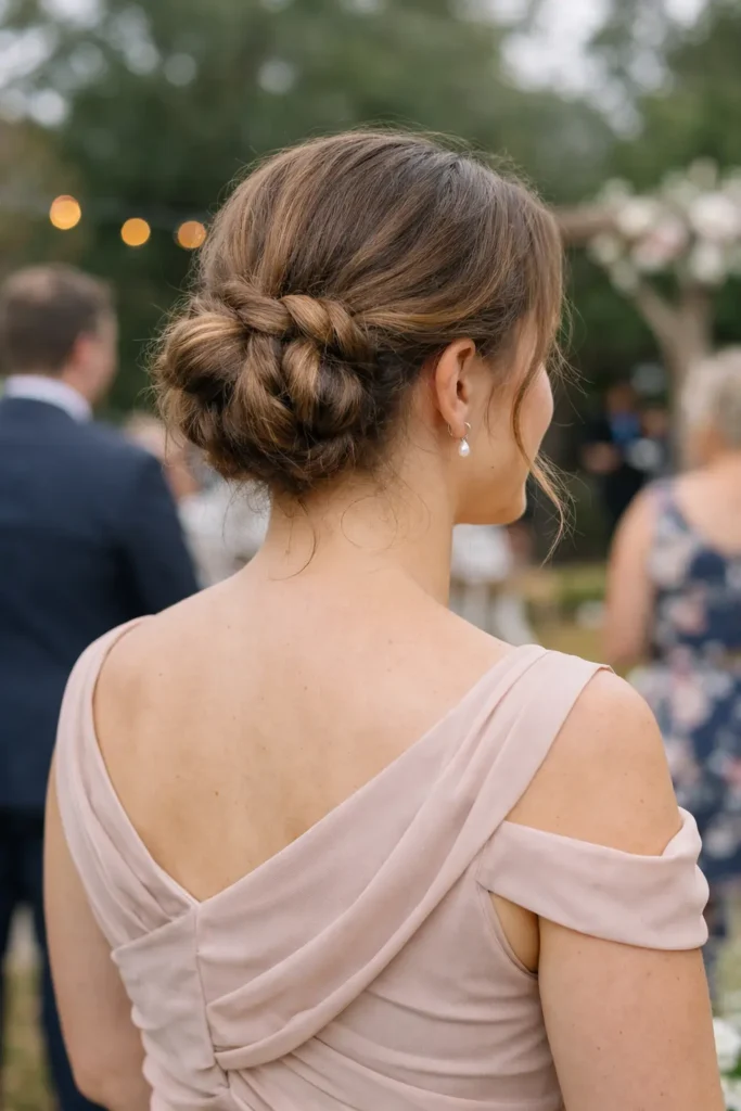 Rear three-quarter view of a young woman at an outdoor rustic wedding, wearing a soft blush off-the-shoulder bridesmaid dress. Her hair is styled in a natural-looking rope braid bun with slight looseness and wispy strands. Blurred guests, floral decorations, and greenery appear in the background under soft natural light.