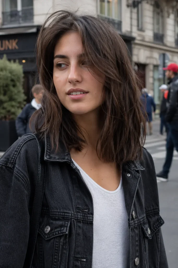 a young woman with a textured long bob haircut and soft, choppy layers. Her hair falls in messy, natural waves around her face. She wears a casual street-style outfit