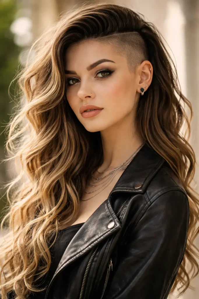 Long wavy hair with shaved side undercut, soft curls flowing over one side, feminine edgy hairstyle, natural outdoor lighting, modern fashion portrait, detailed texture and stylish look
