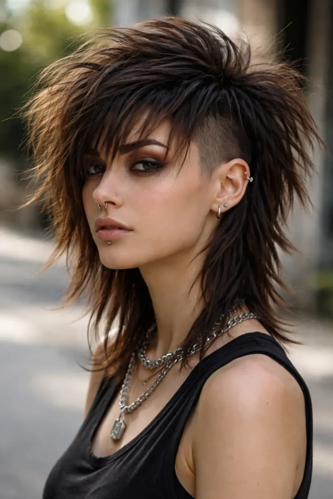 Edgy undercut shag haircut with layered messy texture and shaved section