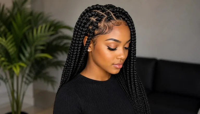 Close-up portrait of a Black woman with long, neatly styled box braids, shown from the shoulders up. She is wearing a simple black top with full coverage, small stud earrings, and natural makeup
