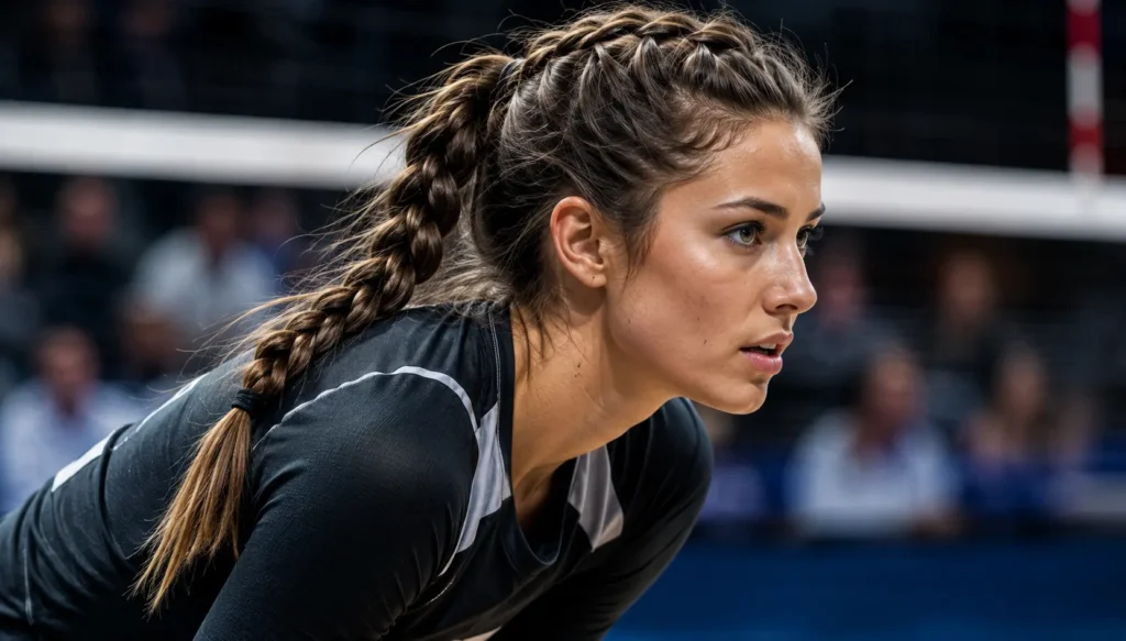 A determined young volleyball athlete with a secure braided ponytail hairstyle crouches in ready position on an indoor court, showcasing a durable sporty hairstyle designed to stay intact during intense mid-match action.