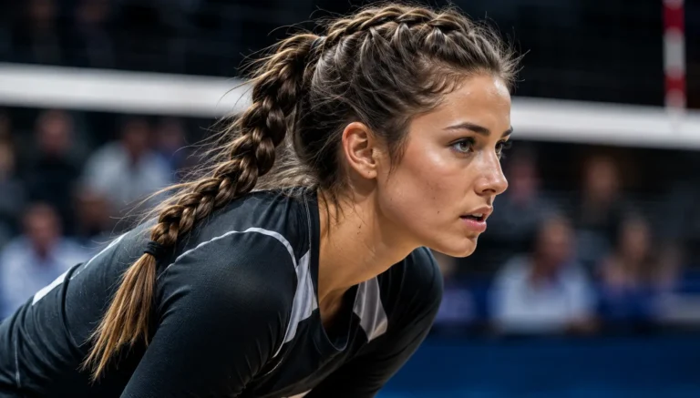 A determined young volleyball athlete with a secure braided ponytail hairstyle crouches in ready position on an indoor court, showcasing a durable sporty hairstyle designed to stay intact during intense mid-match action.