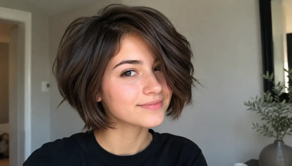 young woman with a light and modern short hairstyle for thick hair, featuring a soft layered bob with natural volume and texture