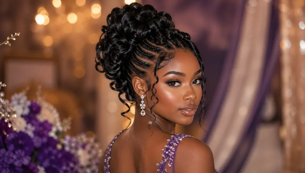 Elegant prom hairstyle for Black woman featuring an intricate braided updo with soft curls, styled in a glamorous formal setting with warm lighting and a sparkling evening gown