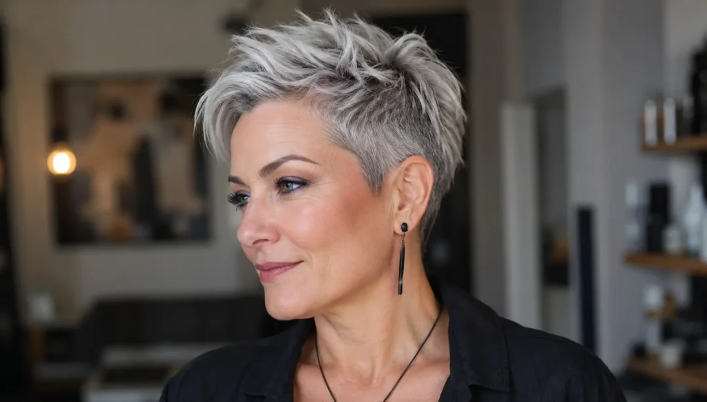 Confident woman over 40 with a bold silver pixie haircut, featuring textured layers