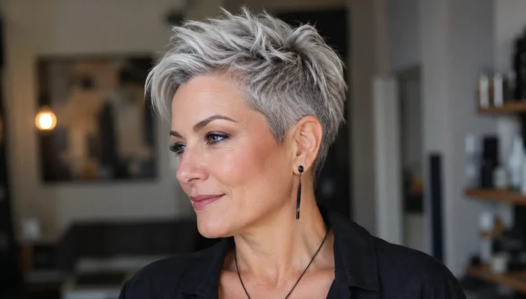 Confident woman over 40 with a bold silver pixie haircut, featuring textured layers