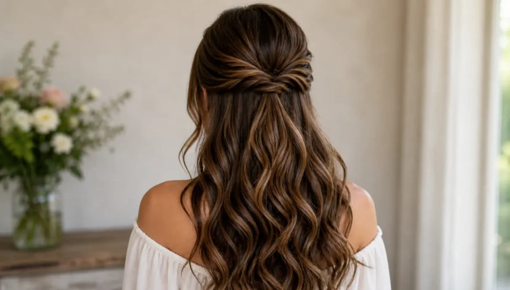 Back view of a woman with long, wavy brown hair styled in a half-up half-down hairstyle, softly twisted at the crown, with natural volume and loose curls flowing down, in warm indoor lighting.