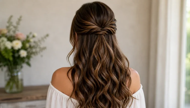 Back view of a woman with long, wavy brown hair styled in a half-up half-down hairstyle, softly twisted at the crown, with natural volume and loose curls flowing down, in warm indoor lighting.