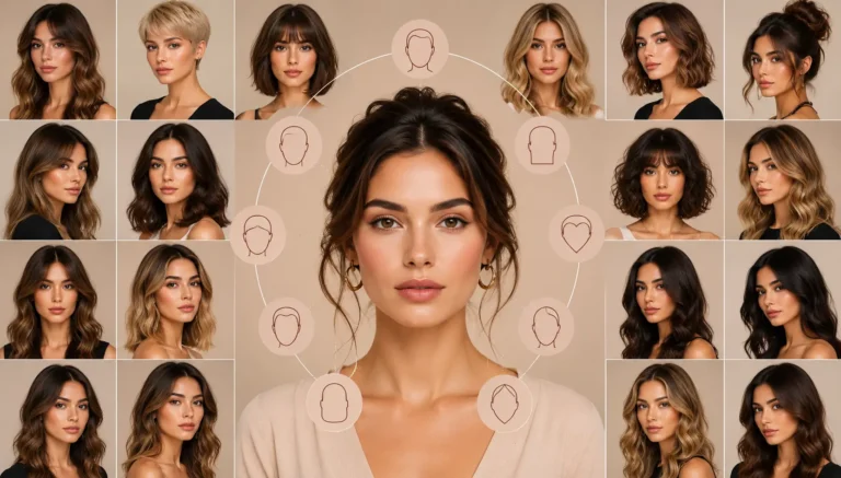 showing a real young woman with a soft updo hairstyle in the center, surrounded by different flattering haircut ideas for various face shapes, including layered waves, bobs, pixie cuts, curtain bangs, and curly styles