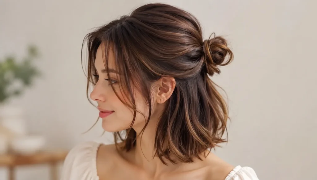 Soft natural portrait of a young woman with medium-length wavy brown hair styled in a relaxed half-up bun hairstyle, wearing a white blouse