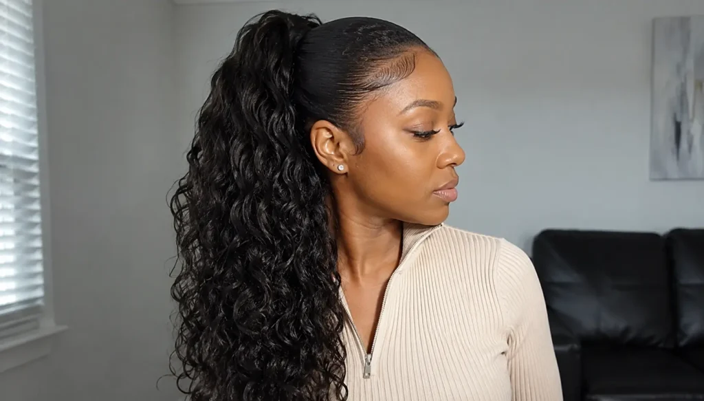 woman with an easy curly quick weave ponytail hairstyle featuring soft defined curls, sleek roots, natural skin texture,