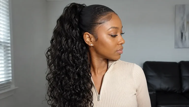 woman with an easy curly quick weave ponytail hairstyle featuring soft defined curls, sleek roots, natural skin texture,