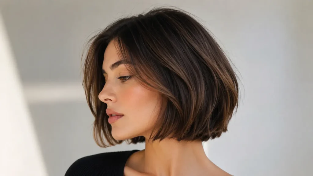 woman with a sleek dark brown bob hairstyle in a soft natural light portrait, side profile view with a neutral background