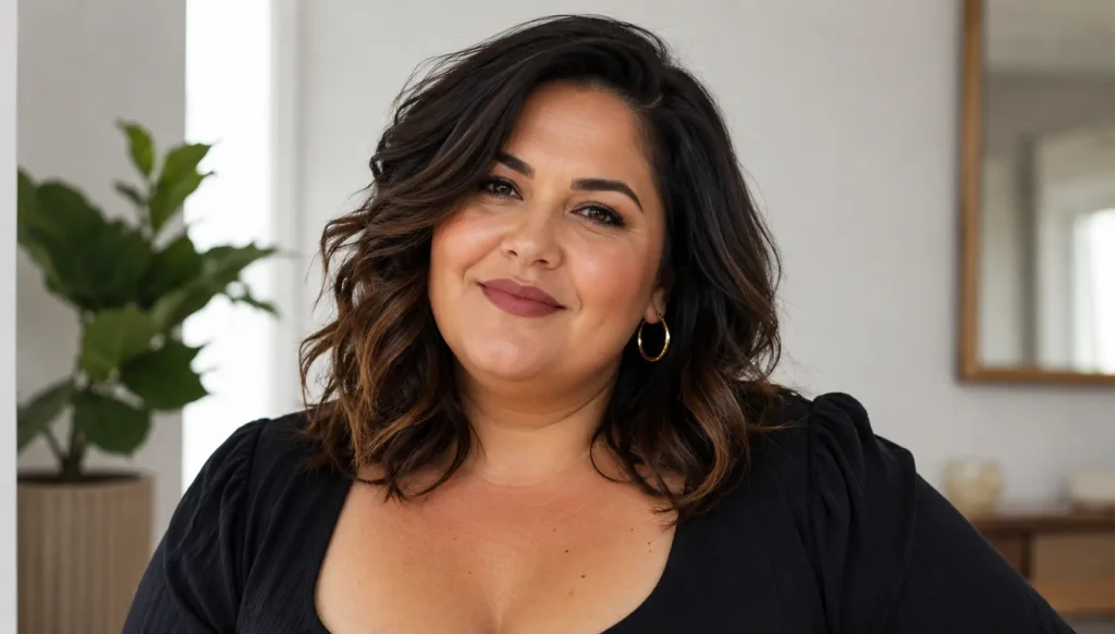 Plus-size woman with a confidence-boosting medium-length layered hairstyle, soft loose waves, and side-parted volume,