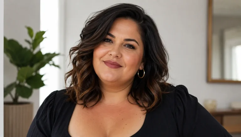 Plus-size woman with a confidence-boosting medium-length layered hairstyle, soft loose waves, and side-parted volume,