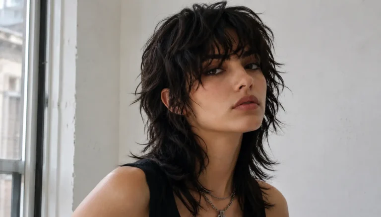 girl with a trendy dark wolf cut hairstyle featuring shaggy feathered layers, messy textured volume, and wispy bangs