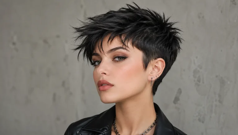 a young woman with an edgy textured black pixie haircut featuring choppy layers and volume on top, paired with closely cropped sides