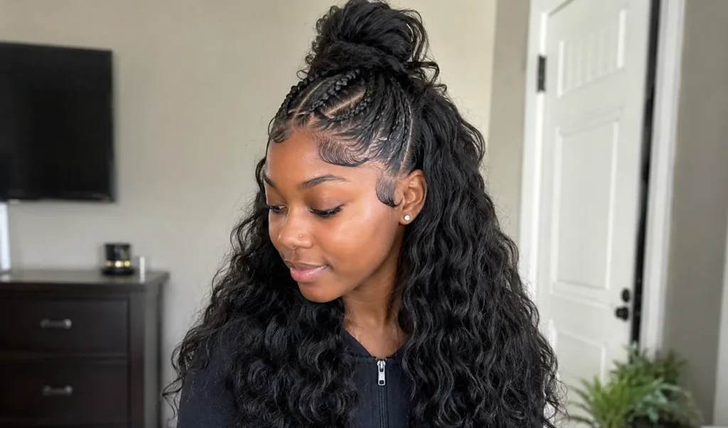 Real young Black woman with a stunning half-up half-down hairstyle featuring braided details and long voluminous wavy curls.