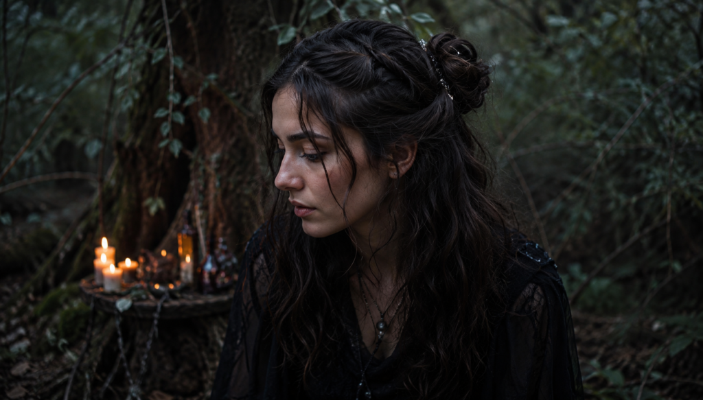 Real young woman with a mystical witch hairstyle featuring braided dark waves and a loose bun, sitting in a candlelit forest with moody woodland atmosphere and magical fantasy aesthetic.