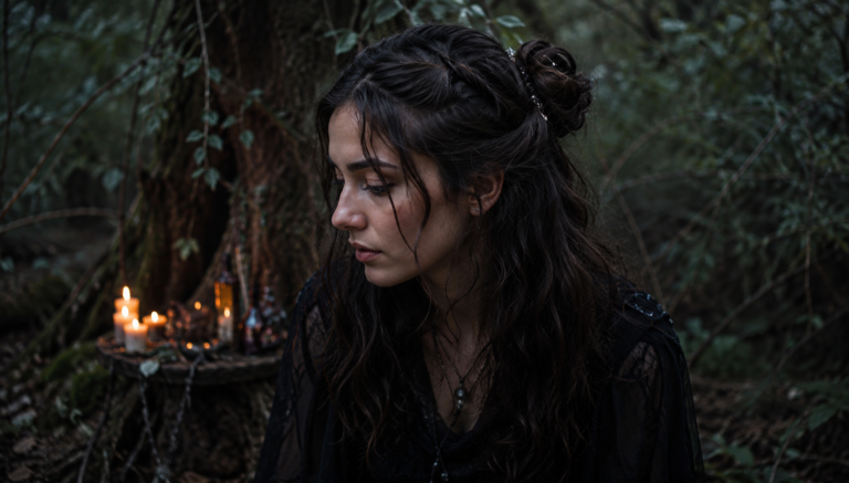 Real young woman with a mystical witch hairstyle featuring braided dark waves and a loose bun, sitting in a candlelit forest with moody woodland atmosphere and magical fantasy aesthetic.