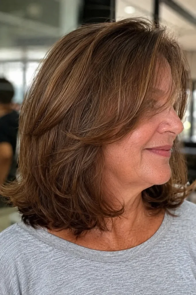a woman around 50–60 years old with shoulder-length hair styled with softly flipped ends.