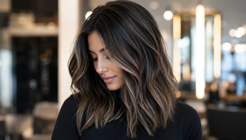 Woman with dark shoulder-length hair styled in soft waves and subtle ashy babylights, photographed in a modern salon