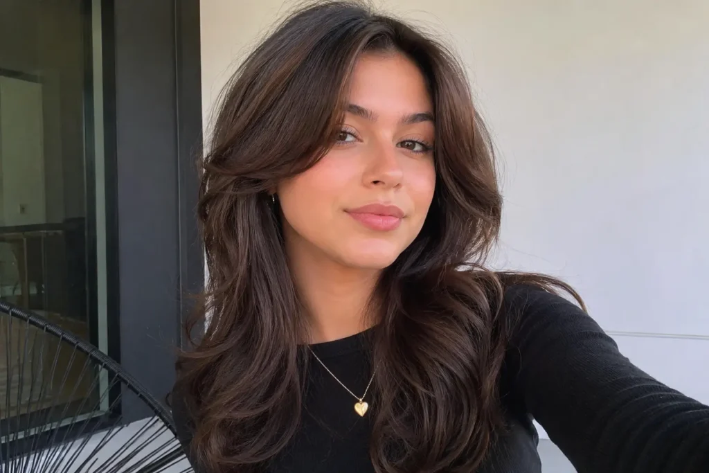 Young woman with soft layered brunette hair posing naturally on a balcony in soft daylight, wearing a black top and gold heart necklace.