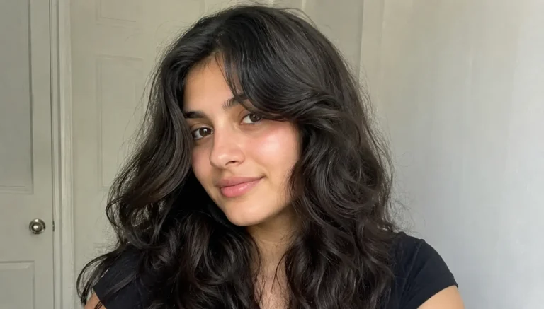 girl with thick dark wavy hair styled in soft layered waves and curtain bangs, enhancing natural texture and volume.