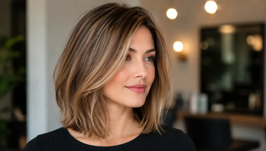 woman with a voluminous textured lob hairstyle for fine hair, featuring soft layers and subtle balayage highlights that create fullness and movement