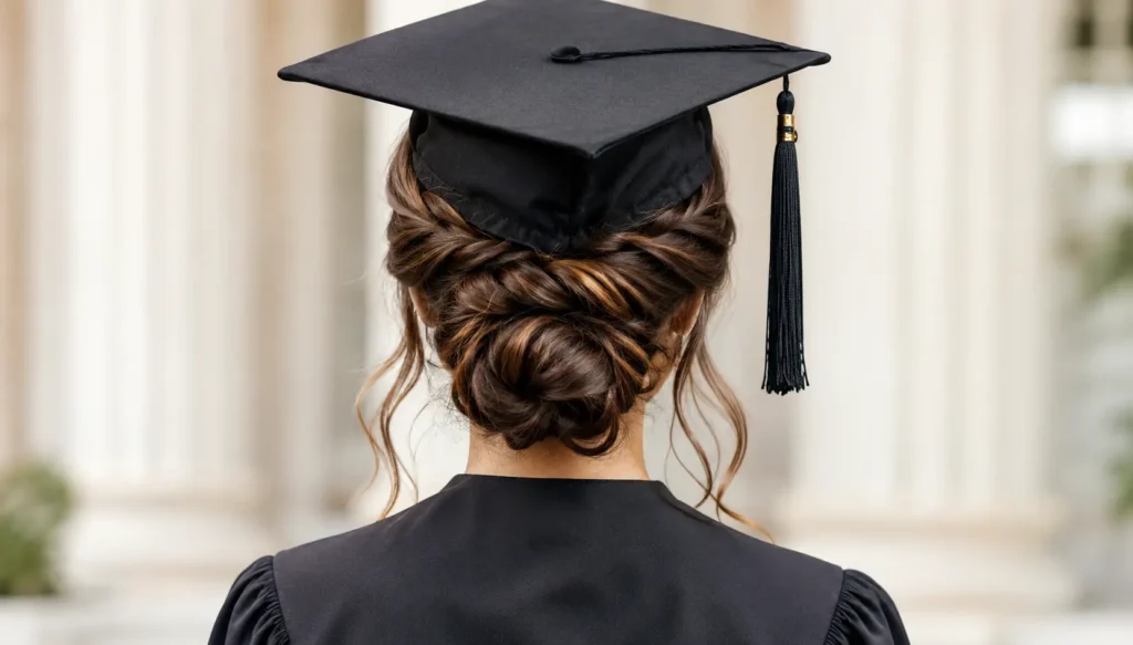 Back view of a young woman wearing a graduation gown and cap with an elegant braided low bun hairstyle underneath