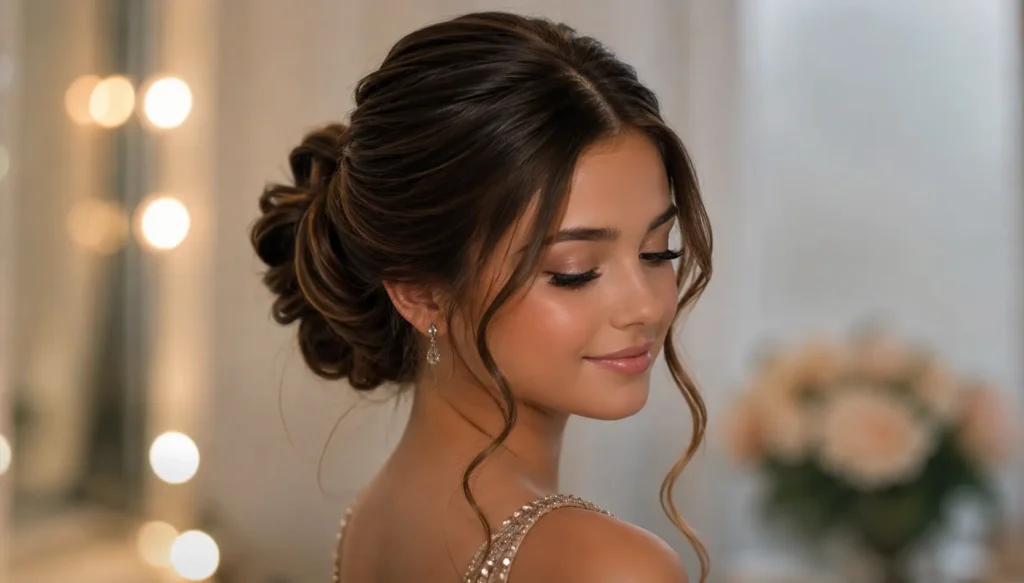 **Alt Text:** Young teen girl with a soft glam formal updo hairstyle featuring a low textured bun and face-framing curls. The elegant brunette hairstyle is styled for an 8th-grade formal event, with natural makeup, delicate earrings, and a softly lit indoor background creating a polished and age-appropriate formal look.