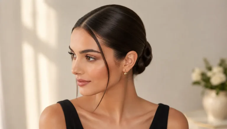 Elegant slicked front hairstyle featuring smooth, neatly swept-back hair with a polished low bun. The look creates a refined and effortless aesthetic, with glossy strands framing the face softly for a sophisticated, modern appearance.