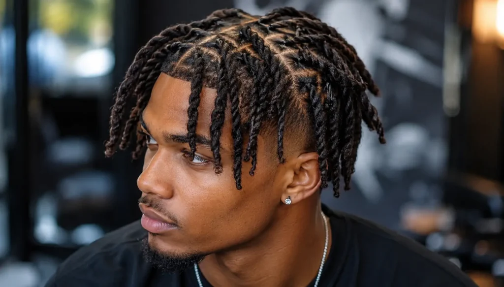 a young Black man wearing a modern barrel twist loc hairstyle. The neatly sectioned twists hang forward and showcase clean scalp parting with a sharp taper fade on the sides. He wears a black shirt and a small stud earring