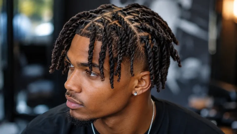 a young Black man wearing a modern barrel twist loc hairstyle. The neatly sectioned twists hang forward and showcase clean scalp parting with a sharp taper fade on the sides. He wears a black shirt and a small stud earring