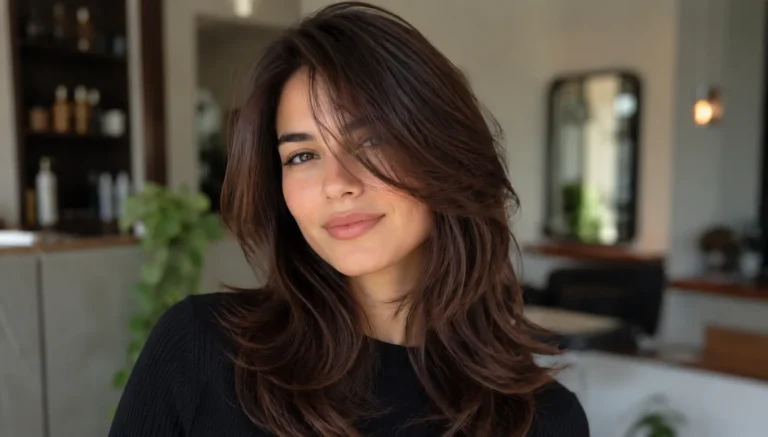 Real woman with a modern layered haircut featuring soft face-framing layers, feathered ends, and natural volume. She has realistic skin texture, a relaxed expression, and wears a black top.