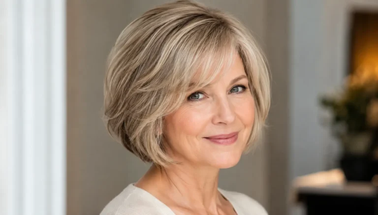 Mature real woman over 50 with thin fine hair styled in a soft layered volumized bob, creating a fuller and youthful appearance.