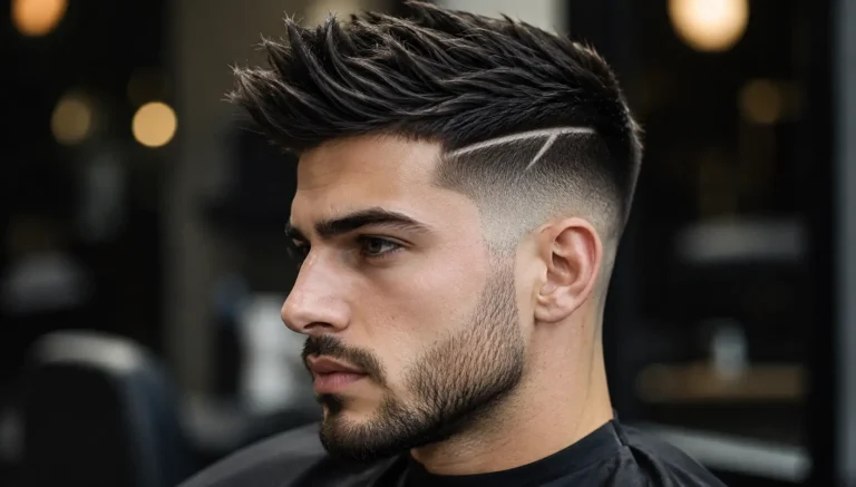 a young man with a modern textured haircut design featuring a sharp skin fade and shaved side line detail