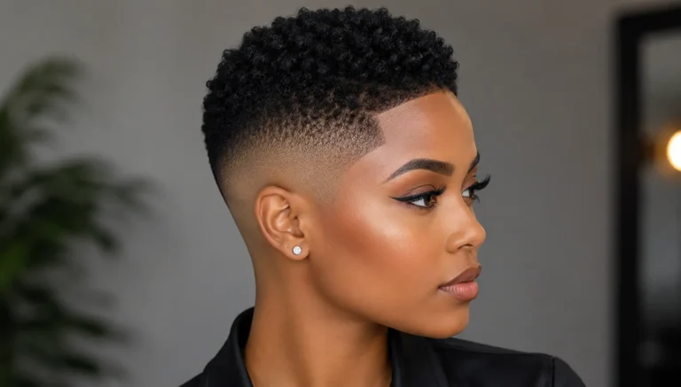 a Black woman with a stunning short bald fade hairstyle, featuring clean fade transitions and textured curls on top.