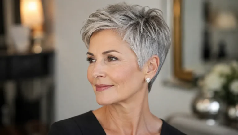 A sophisticated older woman with a short silver pixie haircut styled with soft texture and volume poses in a softly lit indoor setting. She wears elegant earrings and a dark outfit, with a calm, confident expression and natural makeup