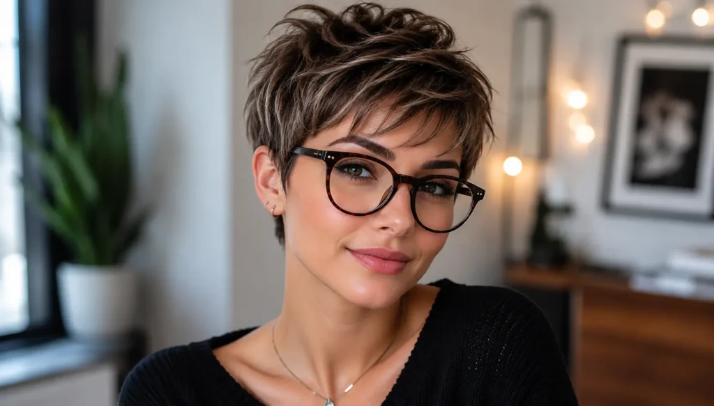 Young woman with a stylish short pixie haircut and trendy round glasses, smiling softly in a cozy indoor setting with warm lighting and a blurred modern background.