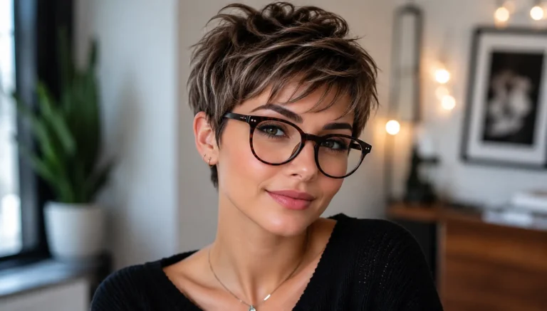 Young woman with a stylish short pixie haircut and trendy round glasses, smiling softly in a cozy indoor setting with warm lighting and a blurred modern background.